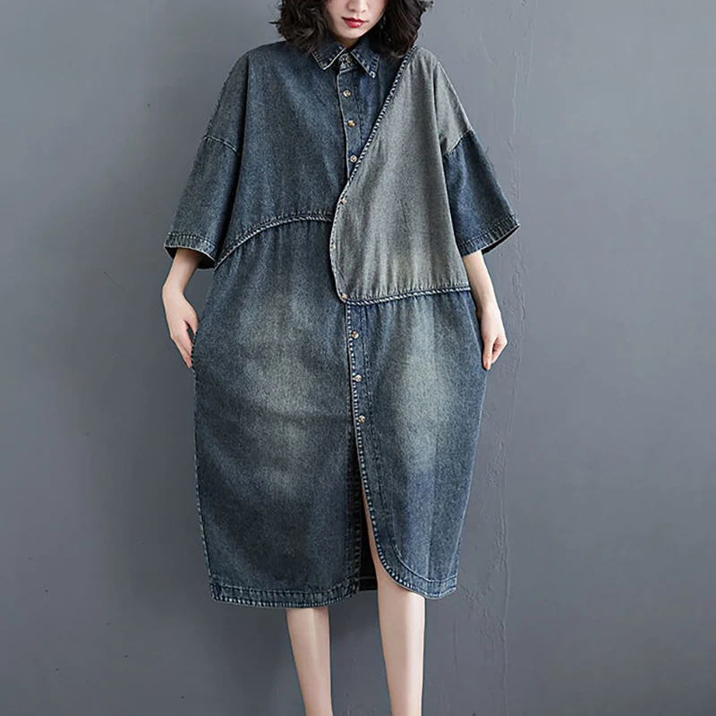 

Fashion Lapel Button Pockets Loose Denim Casual Dresses Female Clothing 2024 Summer New Oversized All-match Midi Dress