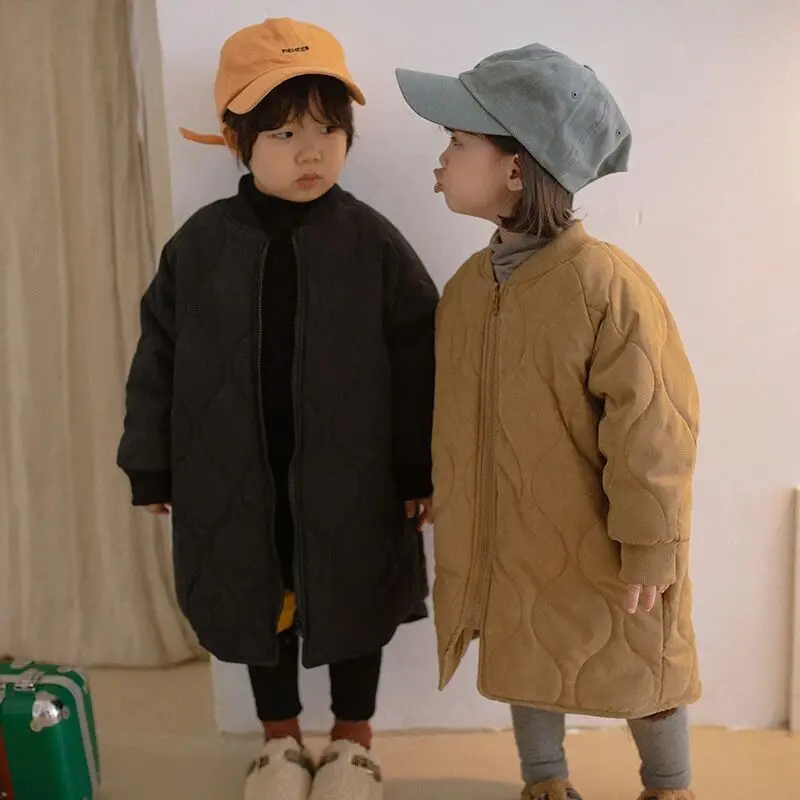Korean Kids Outerwear Winter Girl New Children Mid-length Padding Cotton Coat Baby Boys Warm Cotton Clothes Loose Coat 2-7Yrs