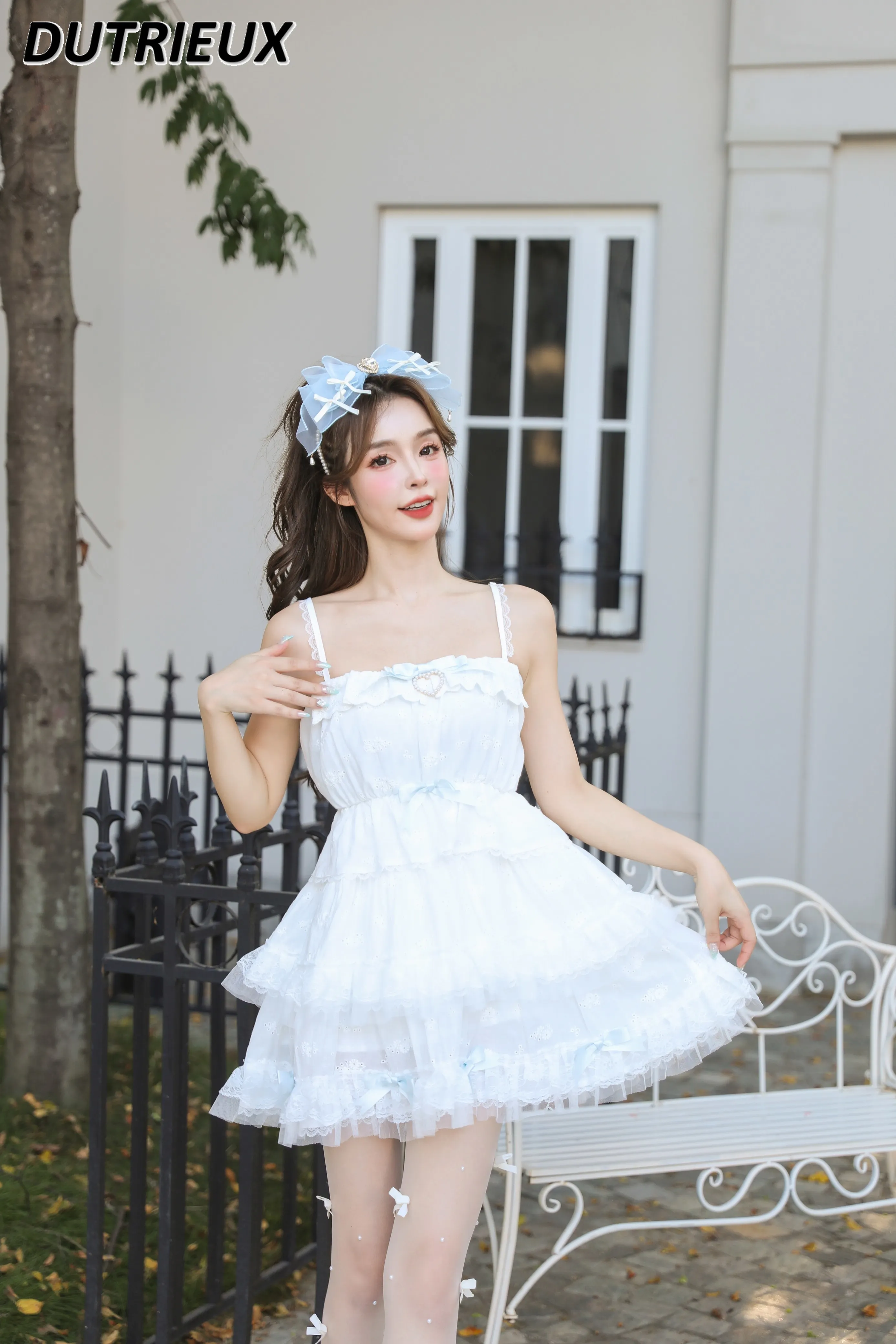 

White Pure Princess Bowknot Pearl Heart Puffy Cake Short Dress Embroidery Lace Slimming High Waist Slip Dress for Women