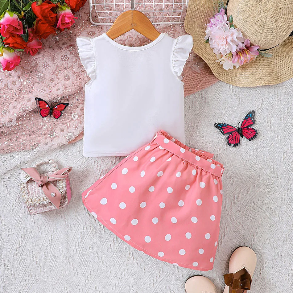 Girls Trendy Spring Summer Children Sets Flutter Sleeve Top with Heart Design and Skirt Comfortable 2Pcs Ensemble for Playtime