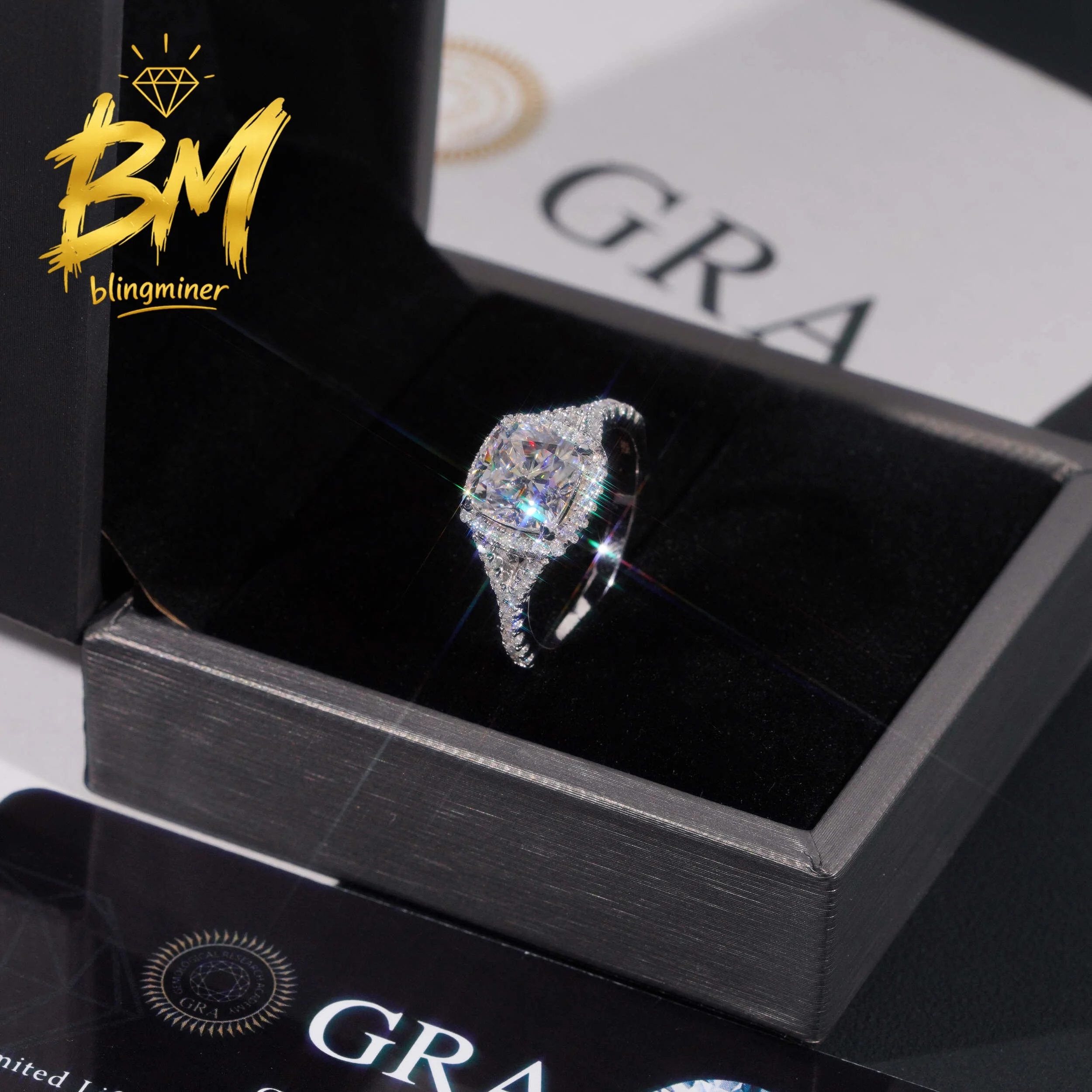 Blingminer 2.5CT Cushion Cut S925 Silver VVS Moissanite Rings Engagement Wedding Women Finger Jewelry Pass Diamonds Free Shippin