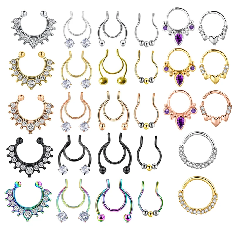 Stainless Stell Fake Nose Ring Septum Piercing Jewelry Crystal Fake Septum Piercing Ring Bulk Faux Nose Piercing Lot