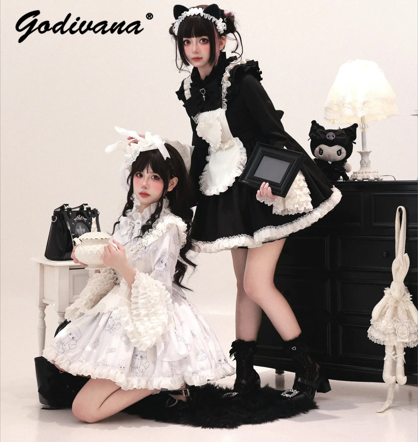 

Original New Subculture Gothic Apron Dress Sets Cosplay Maid Outfit Girl Women's Cute Printed Flared Sleeve Dress Set Outfits