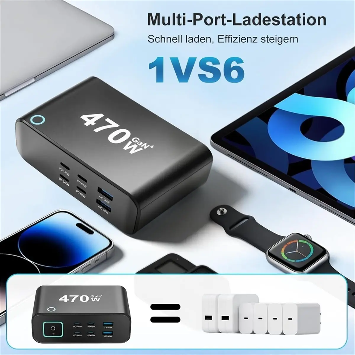 update. 470 W USB C Charger, 6-Port Laptop Charger Multiple (4C + 2A), Touch Control GaN Fast Charger Power Supply, Eu Plug