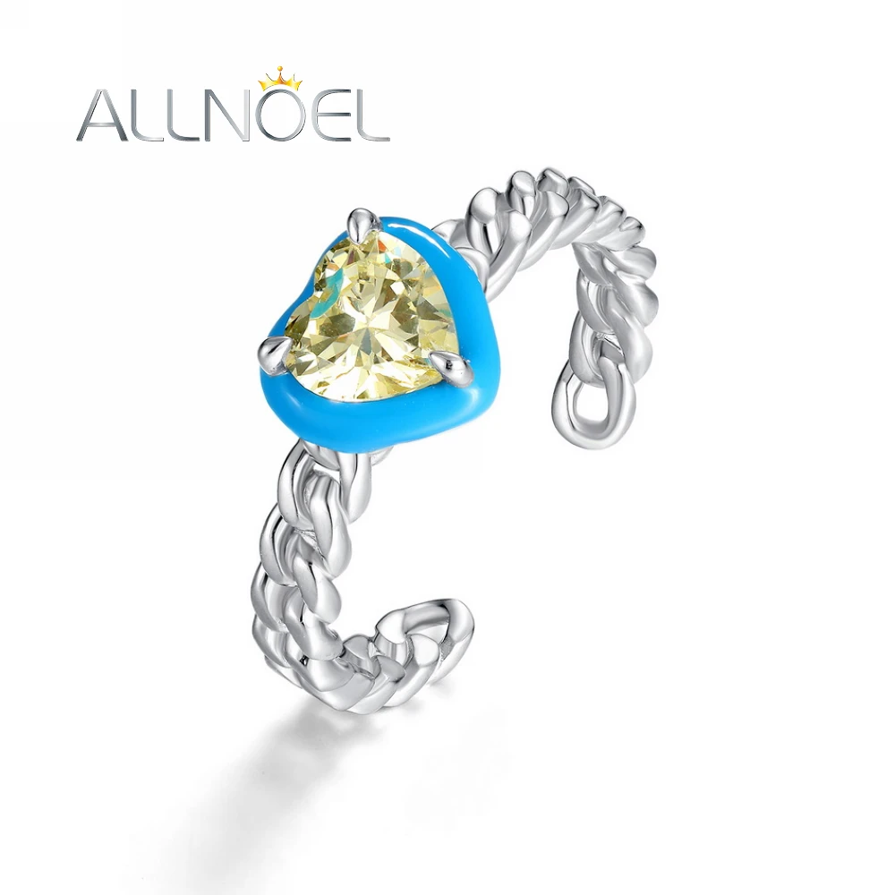 ALLNOEL 925 Sterling Silver Open Rings For Women 5A Yellow Zircon Love Heart  Blue Enamel Lovely Chic Wedding Gifts Fine Jewelry