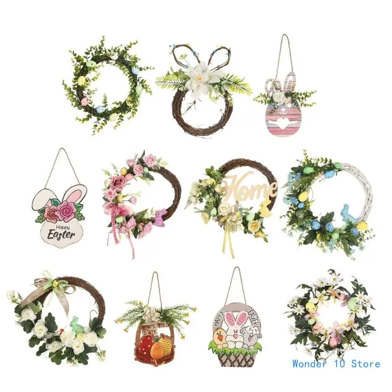 

Festive Easter Party Decor Rattan Wreath Wall Decoration Simulation Flower Hanging Ornament for Holiday Celebration