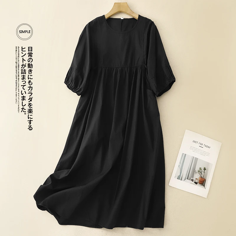 Robe longue en coton et lin pour femmes, couleur unie, ample, col rond, manches courtes, confortable, décontractée, Simple, amincissante, grande taille, été, N754