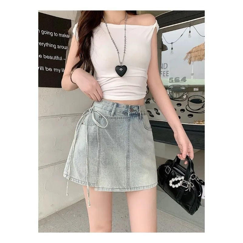 Amerikaanse denim shorts met hoge taille voor dames Nieuw zomerontwerp A-lijn wijde pijpen nep tweedelige rokbroek