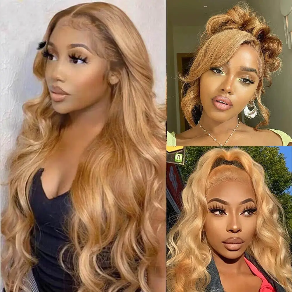 

#27 Honey Blonde Human Hair Wigs 13X4 Transparent Lace Pre Plucked Body Wave Human Hair Lace Frontal Wig 200 Density 20-32 inch