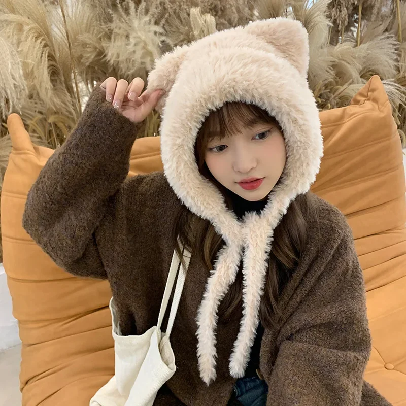 Fashion Women Kawaii Ear Bear Plush Hat for Winter Thicken Soft Thermal Cap Outdoor Ear Head Warm Comfortable Protection Beanies