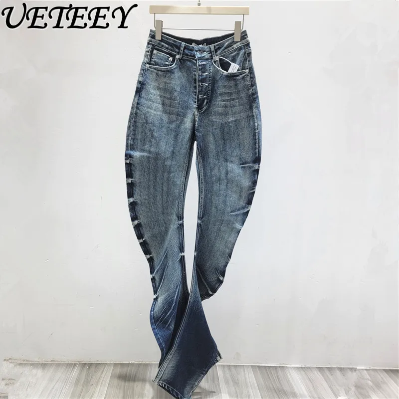 

Spring Design Washed Scimitar Pants Women Jeans High Elastic Fog Blue American High Street Easiest for Match Silm Denim Trousers