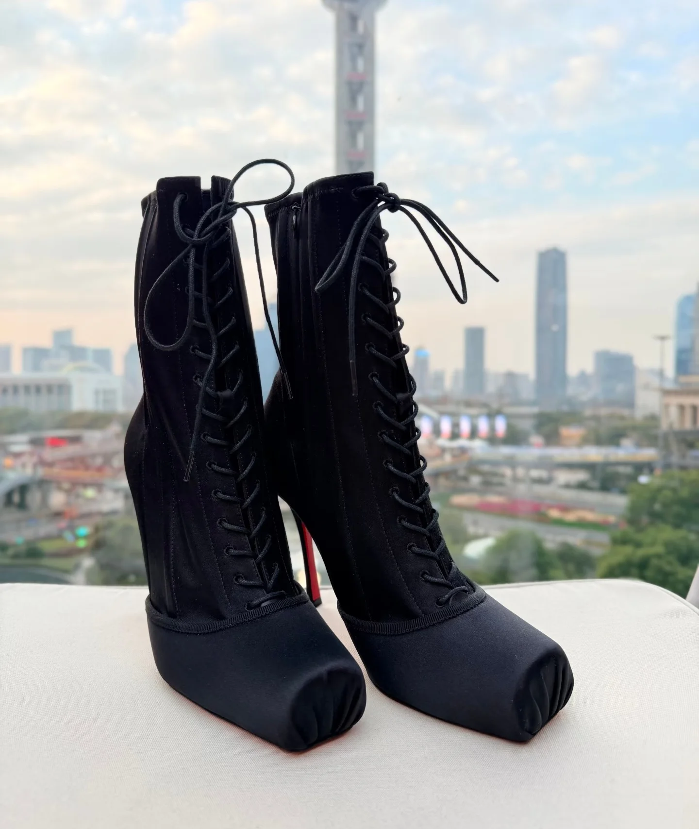

Satin Concise Style Square Toe Mid-Calf Women Boots Stiletto High Heels Lace Up Design Large Size Fashion Show Shoes