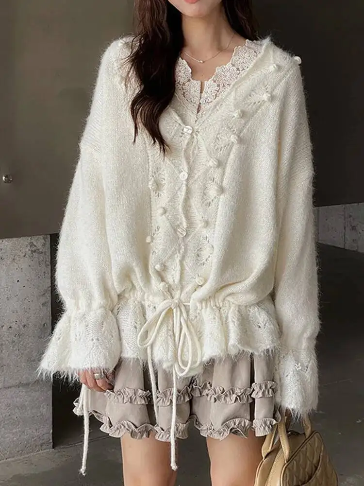 

Loose Long Sleeve Knitted Sweaters 2025 New Autumn Fashion Women's Cardigan Drawstring Crochet Elegant V-neck Hollow Out