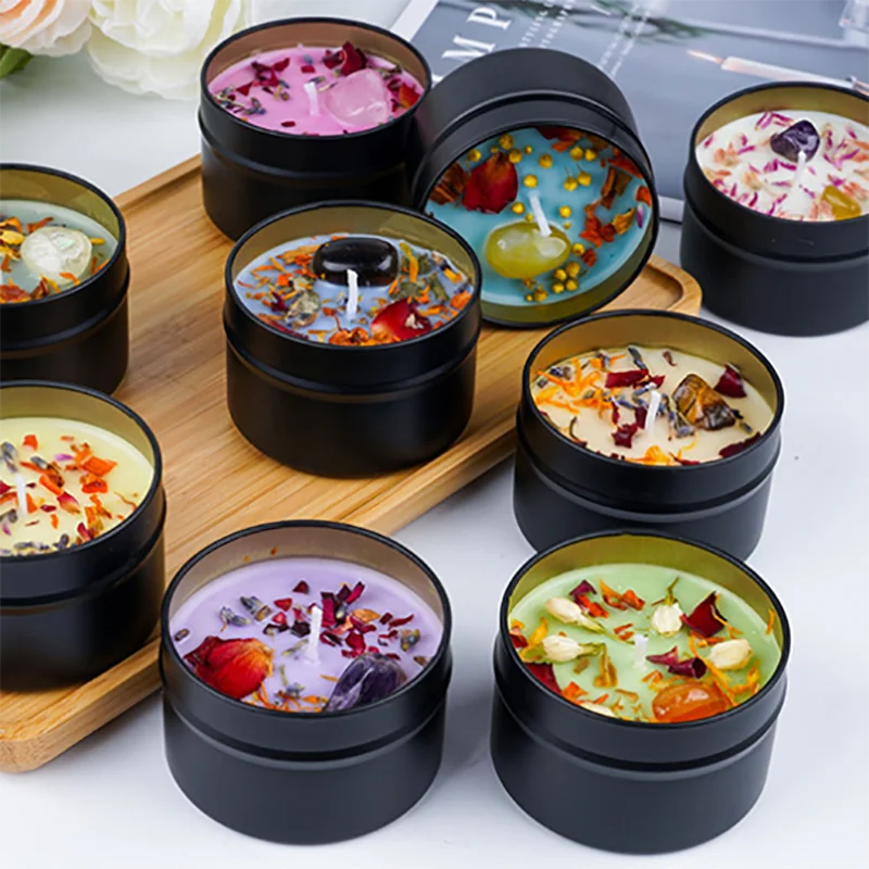 Aromatherapy Candles Crystals Stones Dried Flowers Household Candles Iron Tins Scented Candles for Indoor Wedding Gifts 3PC