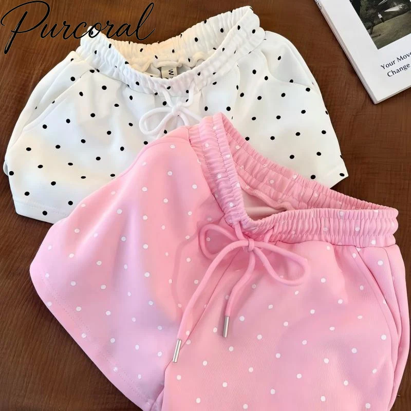 Purcoral Women Polka Dot Drawstring Shorts Elastic  Casual Sports Shorts Summer Soft Print Wear Short Trousers With Pockets