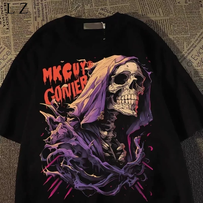 

Motorcycle skull versatile T-shirt men's and women's loose round neck street style casual half-sleeved round neck top