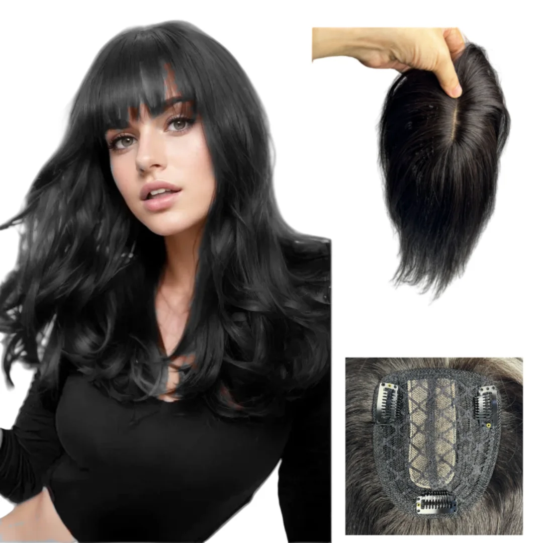 Real Human Hair Toppers with Bangs for Women PU Lace Base Hair Toppers for Women with Thinning Hair Realistic Scalp Line