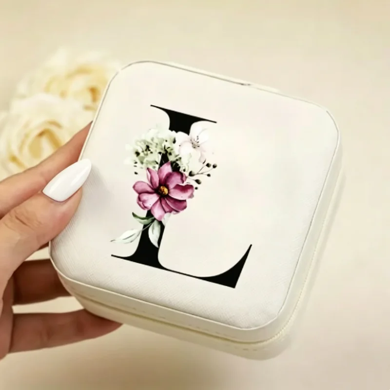 A-Z Letter Print Elegant Zipper Travel Jewelry Box Mini Portable Jewellery Storage Case Valentine's Day Bridesmaid Party Gift