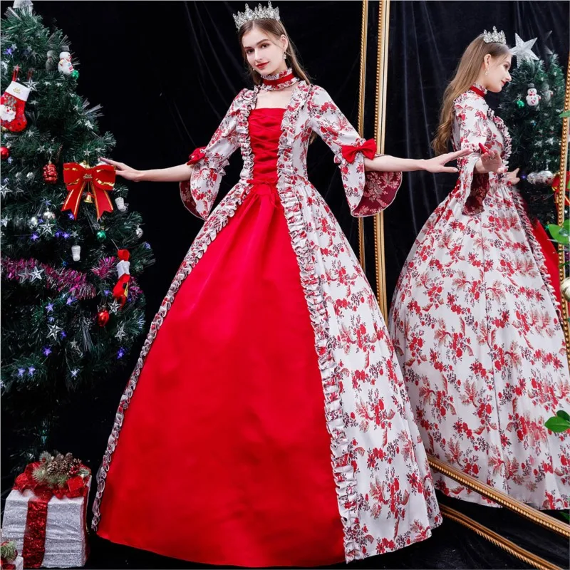 

Red jacquard Christmas performance travel photo shoot drama dance makeup dress