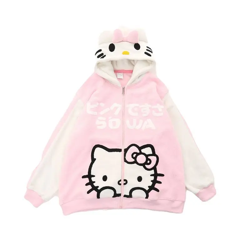 New Sanrio Hello Kitty Hoodie Zip Up Kawaii Sweater Woman Winter Sweatshirt Top Loose Long Sleeve Thickened Oversize Y2k Clothes