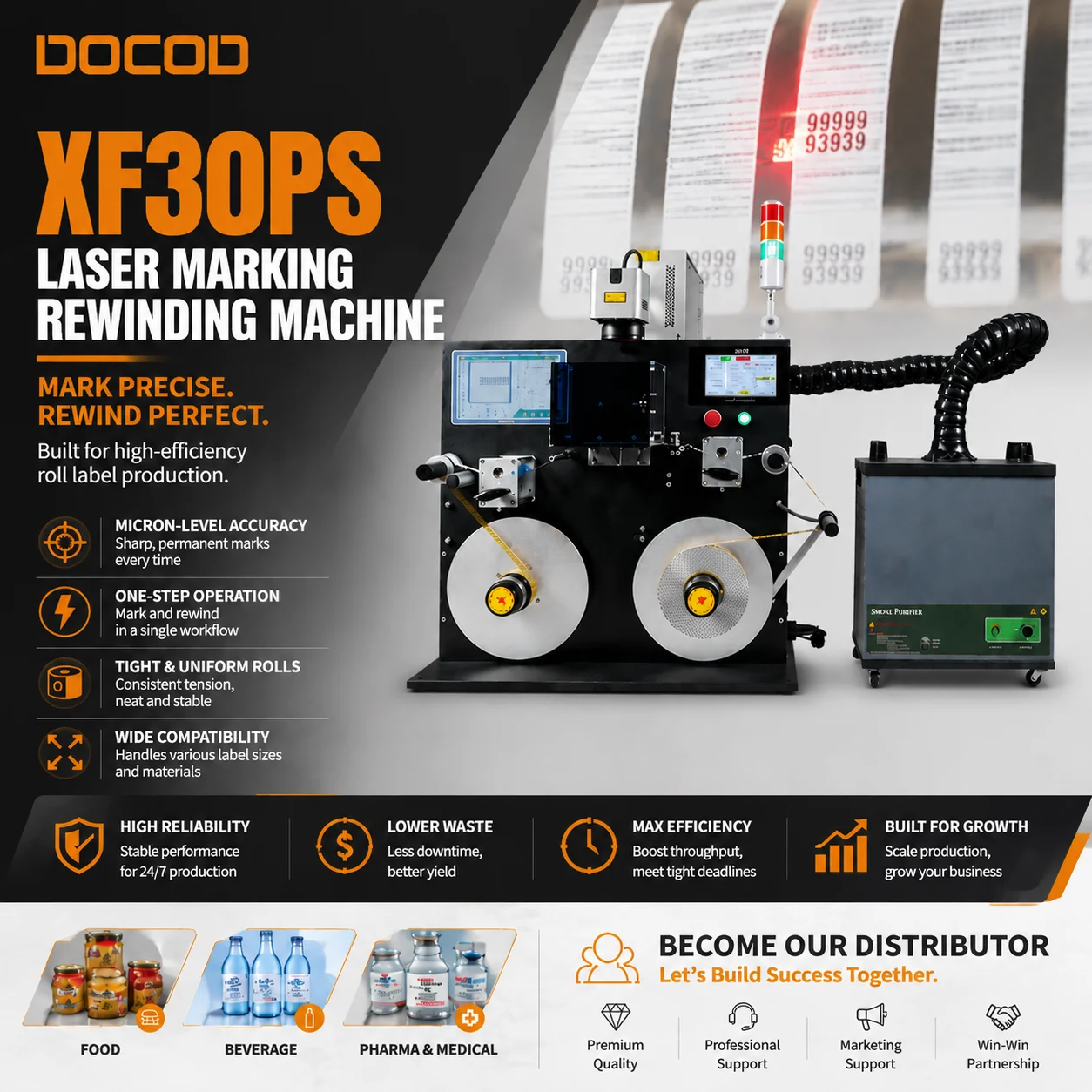 DOCOD High Speed Roll Label Laser Coding Rewinder XF30PS Laser Marking Rewinding Machine with Stop & Print Mode for Cosmetic