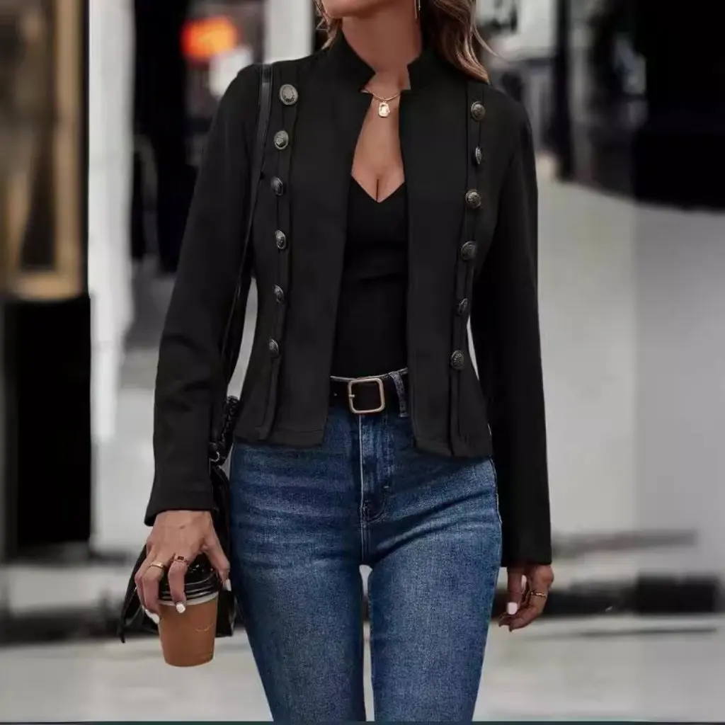 

Women's Retro Velvet Coat with Double Row Metal Buckle Solid Color Deer Skin Long Sleeve Jacket for Europe And US Fashion