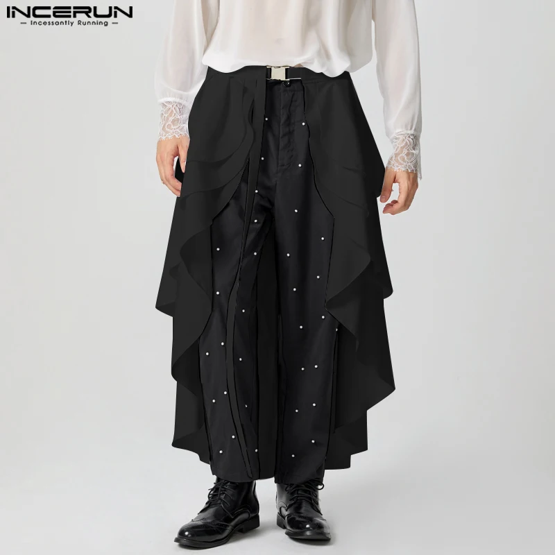 INCERUN Men Skirts Solid Color 2026 Casual Ruffle Men Bottoms Personality Party Fashion Irregular Skirts For Man Streetwear
