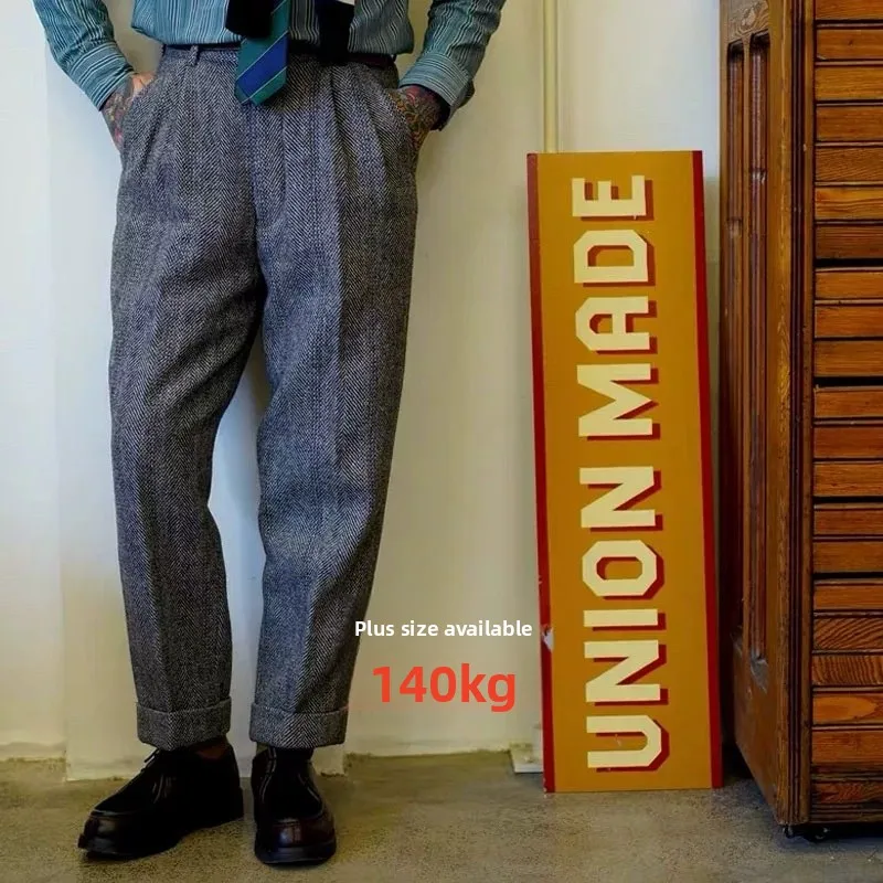 

Men's Autumn Winter Heavyweight Woolen Tweed American Retro Cheered Bla Slim Fit Pants Casual Long Trousers Youth Sle