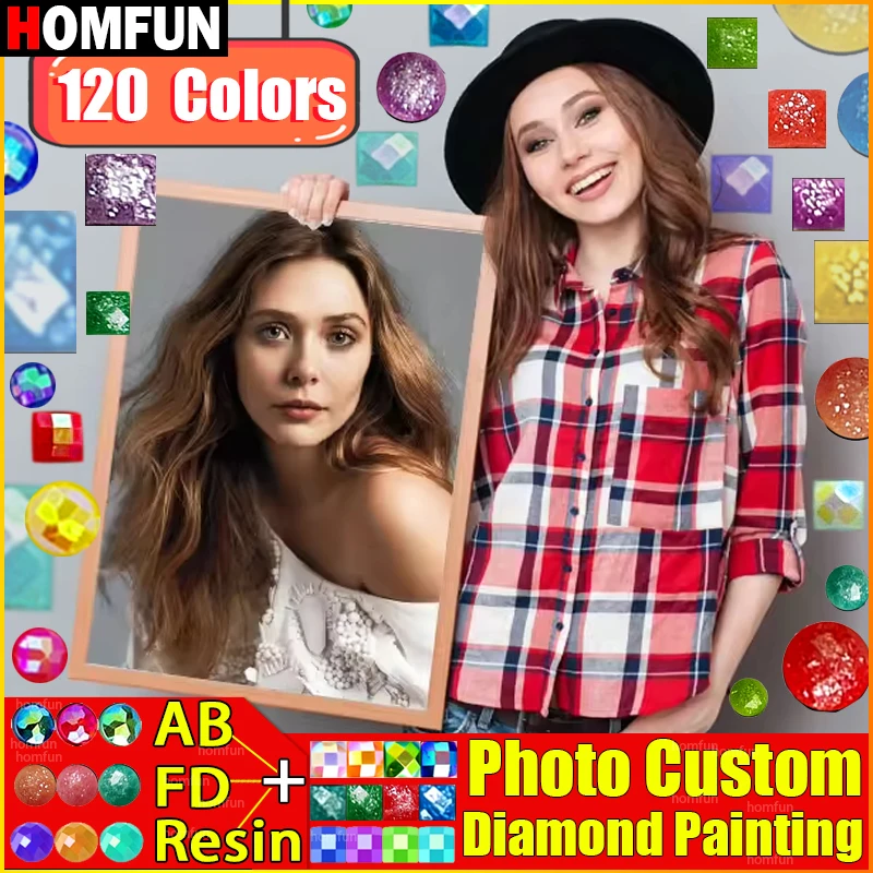 HOMFUN 120 Colors Resin + Fairy Dust + AB Drill Photo Custom Customizable For Any Image DIY 5D Mosaic Embroidery Birthday Gift