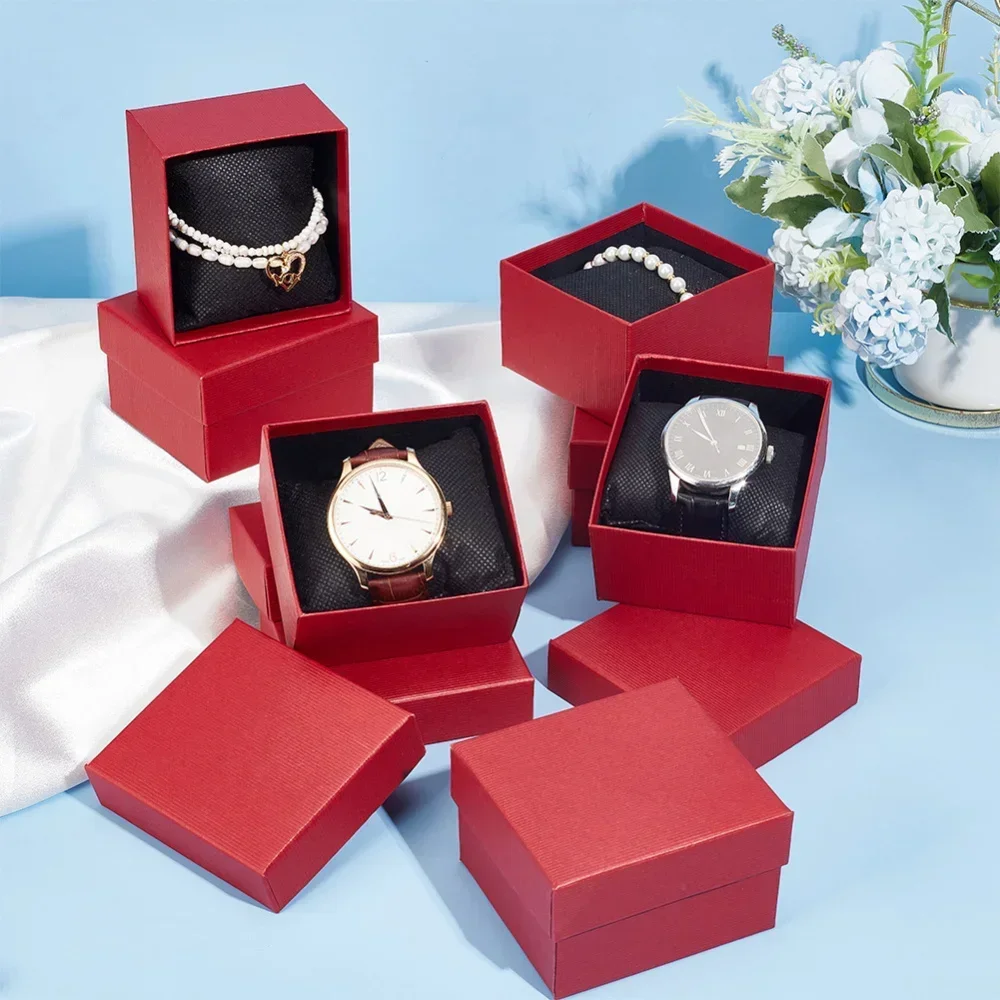 Paper Gift Boxes, 3.46×3.21×2.09 Inch Square Watch Box Kraft Jewelry Gift Box with Pillow Cardboard Bracelet Storage Box