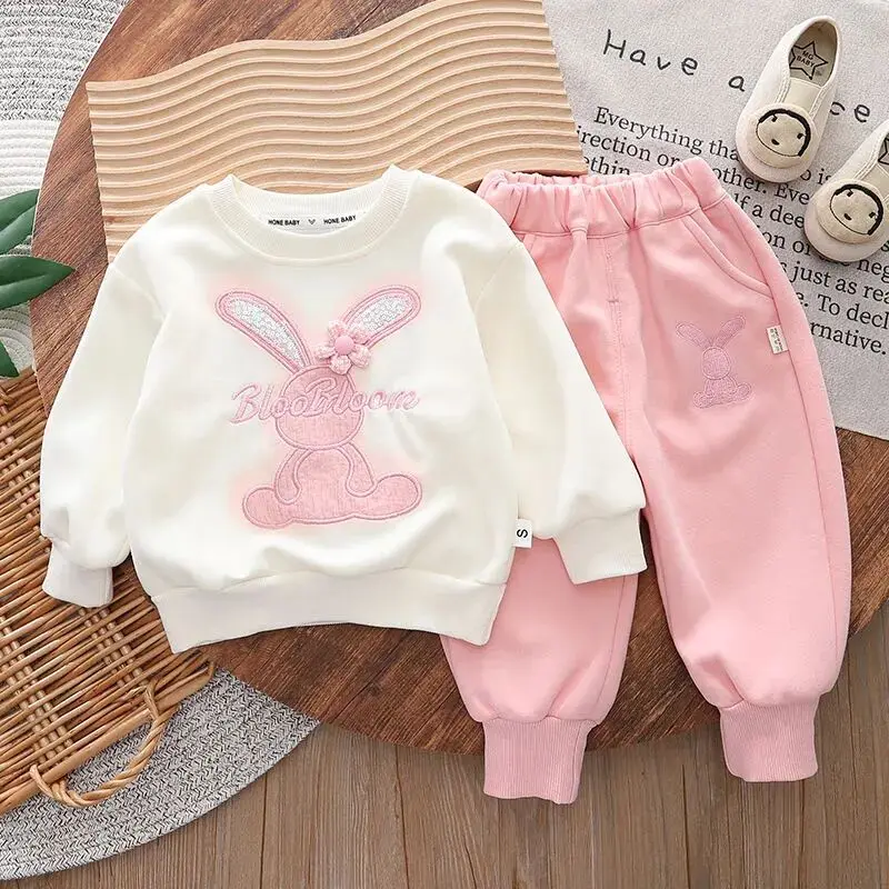 Baby Girls Spring and Autumn Set New Children\'s Casual Long Sleeve Cartoon Hoodie Pants Two Piece Set