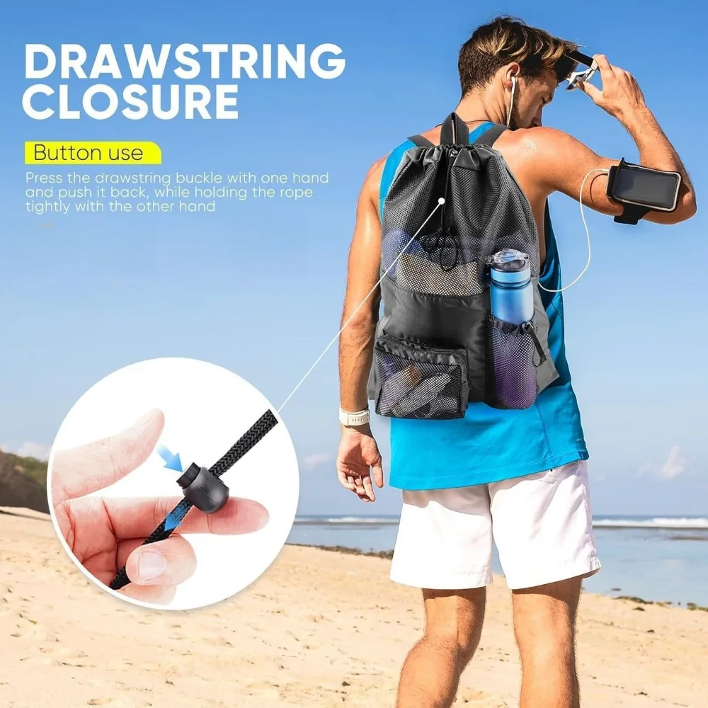 Mesh Beach Bag Drawstring Backpack Outdoor Sports and Leisure Large-capacity Swimming Pool Storage Bag for Men and Women