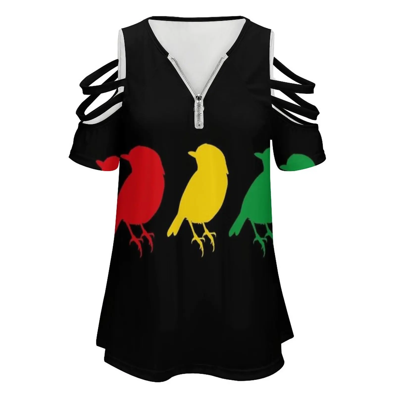 3 Little Birds-Three Birds Rasta Colors Bob Song New Fashion Zip Off Shoulder Top Short-Sleeve Women Shirt Rasta Rastafari Bob