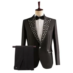 Men's Solid Color Formal Suit Wedding Dinner Party Tuxedo Pants 2 Piece Set Rhinestones Collar Slim Blazer Trousers Chorus Suits