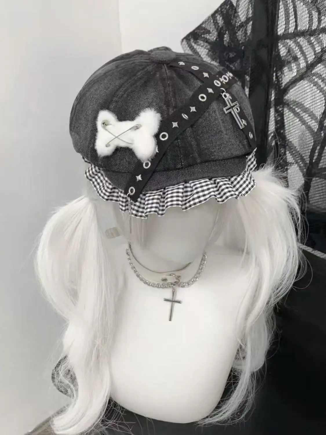 الأصلي ثقافة العضلات الشرير العظام عبر شبكة تكدرت الدانتيل قبعة البيريه الجينز مثمنة قبعة Y2K Faion قبعة الشارع الشهير