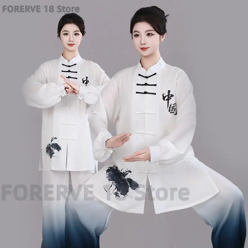 Men Women Chinese Traditional Wushu Clothing Ink Wash Tai Chi Performance Suit Outdoor Morning Exercise Kungfu Exercise Set ﻿