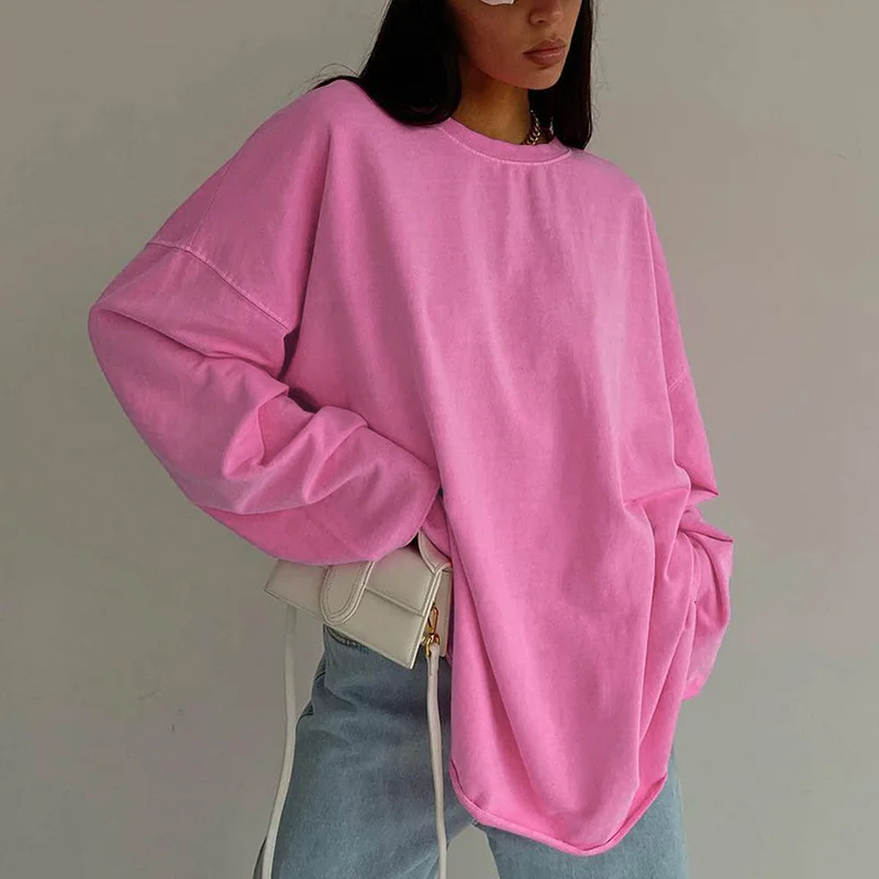 Pink Tee Shirts Streetwear 2024 Round Neck Long Sleeve Casual Pullover Tops Women Autumn Thin T-Shirts Lady