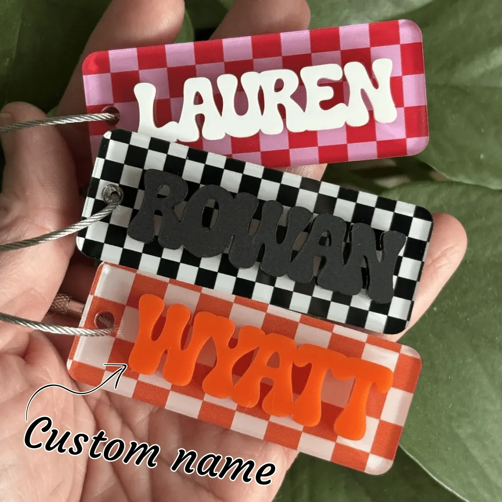 Custom Hanging Ornament Personalized Cut Double-Layer Acrylic Name Tag Square Shape Checkered Party Gift Custom Name Ornaments