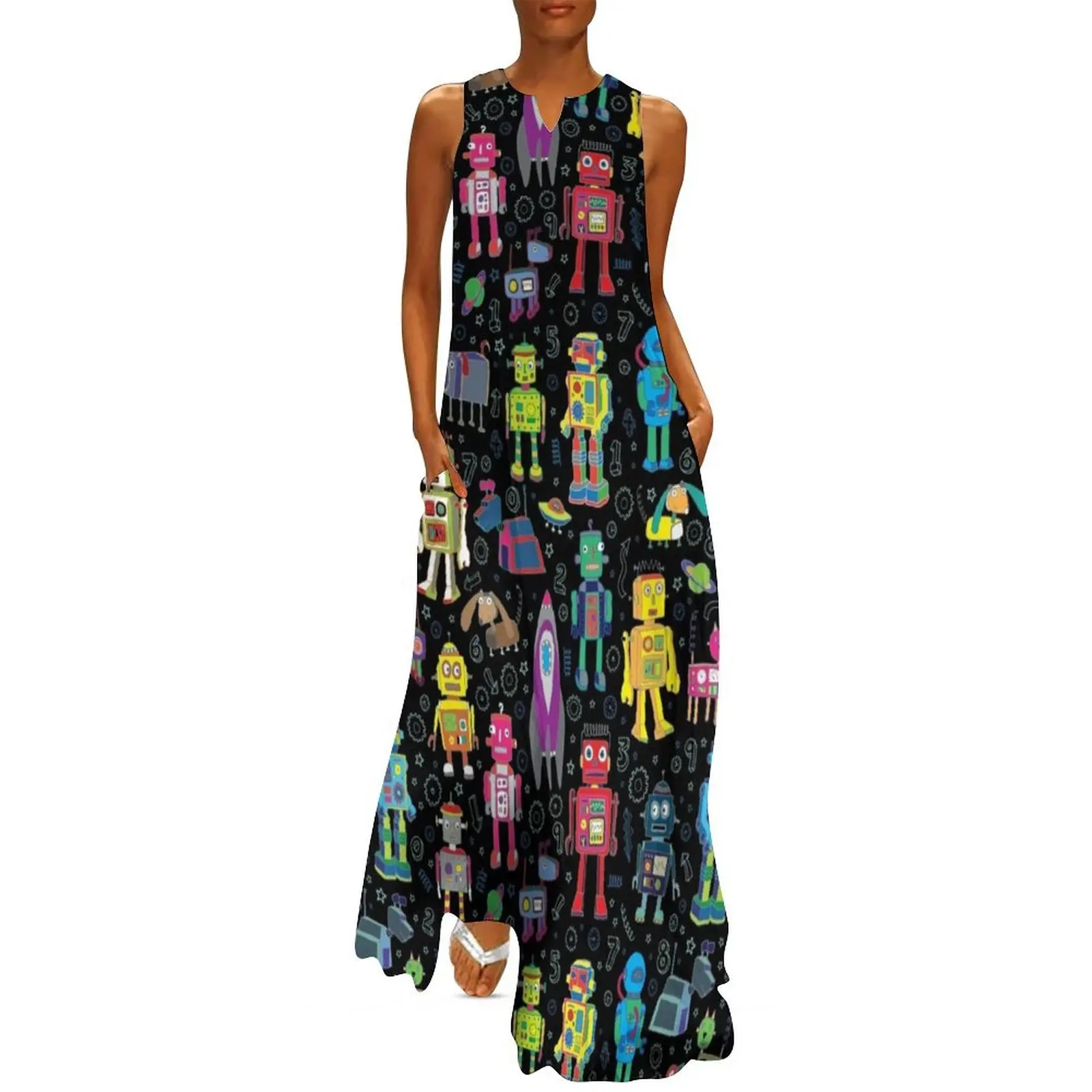 

Robots in Space - black - fun pattern by Cecca Designs Long Dress women dresses party dresses women Dress