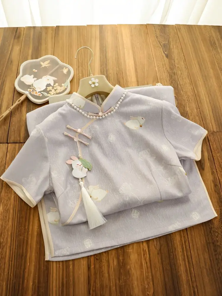 

Современное улучшенное платье Cheongsam для свежих девушек, лето 2021, новое фиолетовое китайское платье с принтом кролика и короткими рукавами в молодежном стиле для женщин Qipao