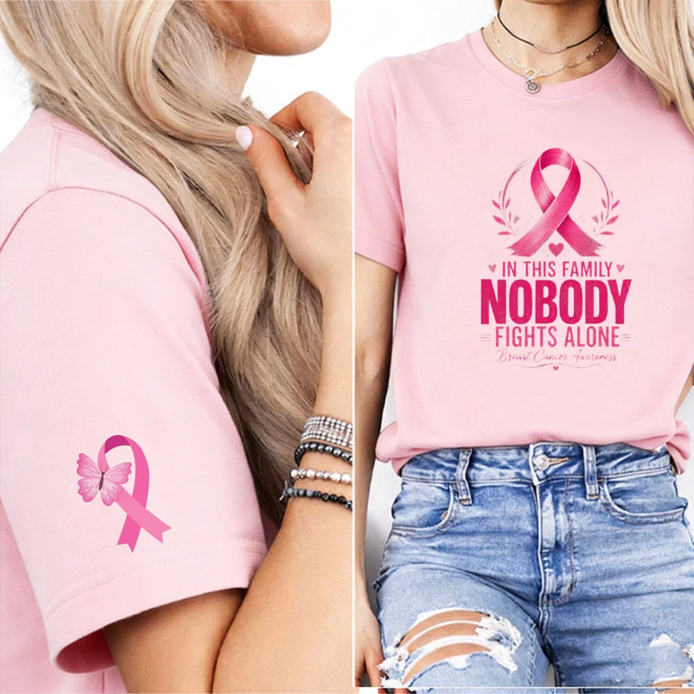 In This Family Nobody Fights Alone Print Butterfly Pink Ribbon Cuff Graphic Crew Neck Breast Cancer Awareness Ladies Tee Tops