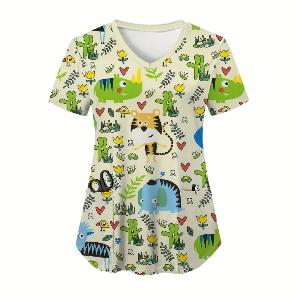 المرأة فرك لطيف ديناصور طباعة موضة الحيوان الكرتون الطبيب البيطري الخامس الرقبة قصيرة الأكمام ممرضة القمم عادية الأسنان السريرية موحدة امرأة