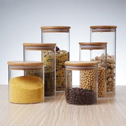 1pc Clear Glass Jar With Bamboo Lid Airtight Can Sealed Canister Food Storage Container For Loose Tea Coffee Bean Sugar Salt