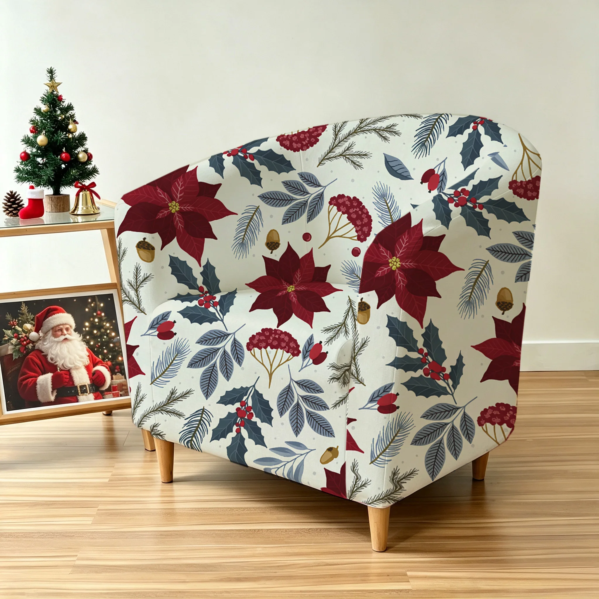 Christmas seamless poinsettias holly red berries printed armrest sofa cover, 2D printed holiday elastic single club sofa cover