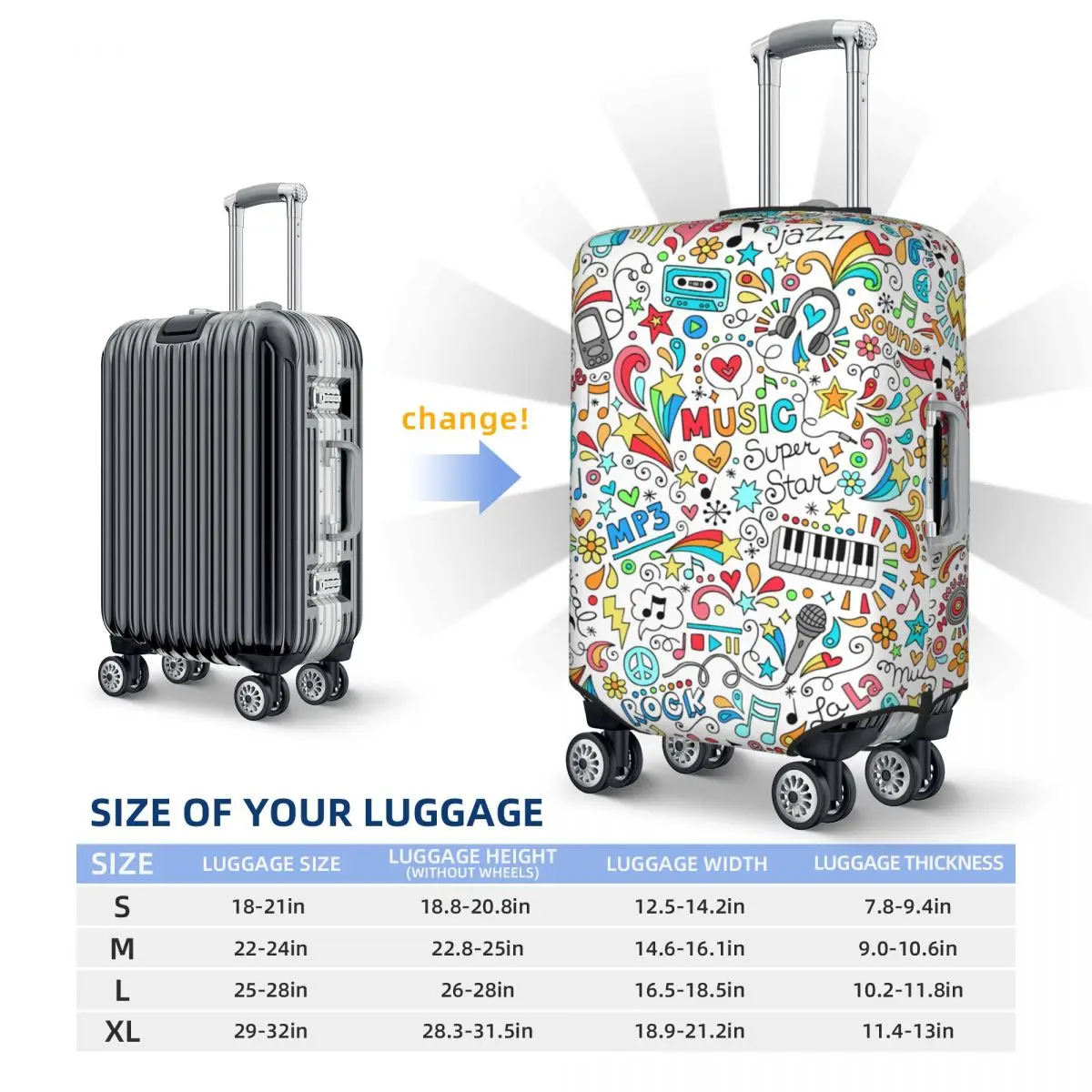 Custom Music Festival Musical Note Travel Luggage Cover Washable Suitcase Cover Protector Fit 18-32 Inch