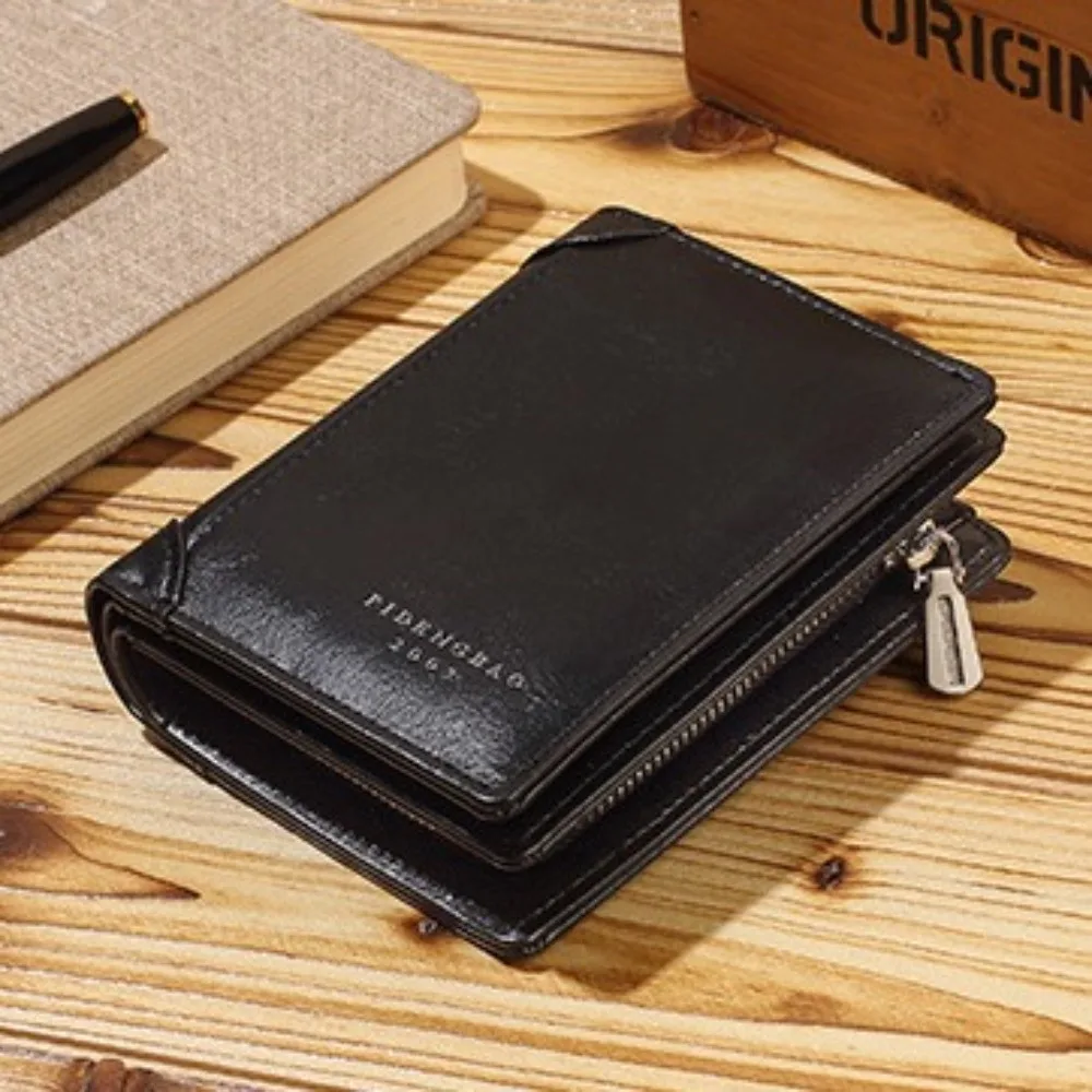 Dompet Kulit PU Pendek Sederhana Kantong Ritsleting Kartu Kredit ID Tas Clutch Pria Tempat Kartu Penyimpanan Multifungsi untuk Perjalanan