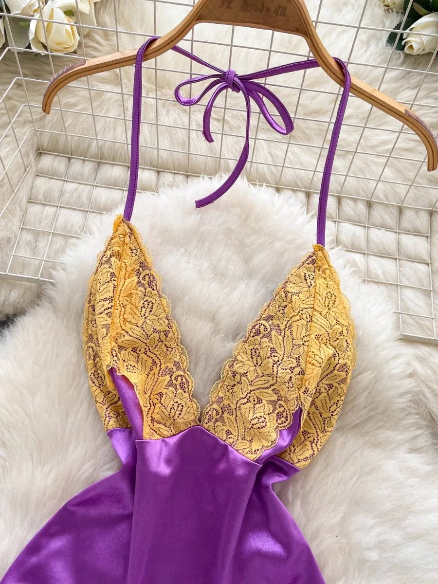 Foamlina celebridade vintage halter sling vestido feminino verão profundo decote em v renda guarnição cetim bodycon mini saia vestidos curtos