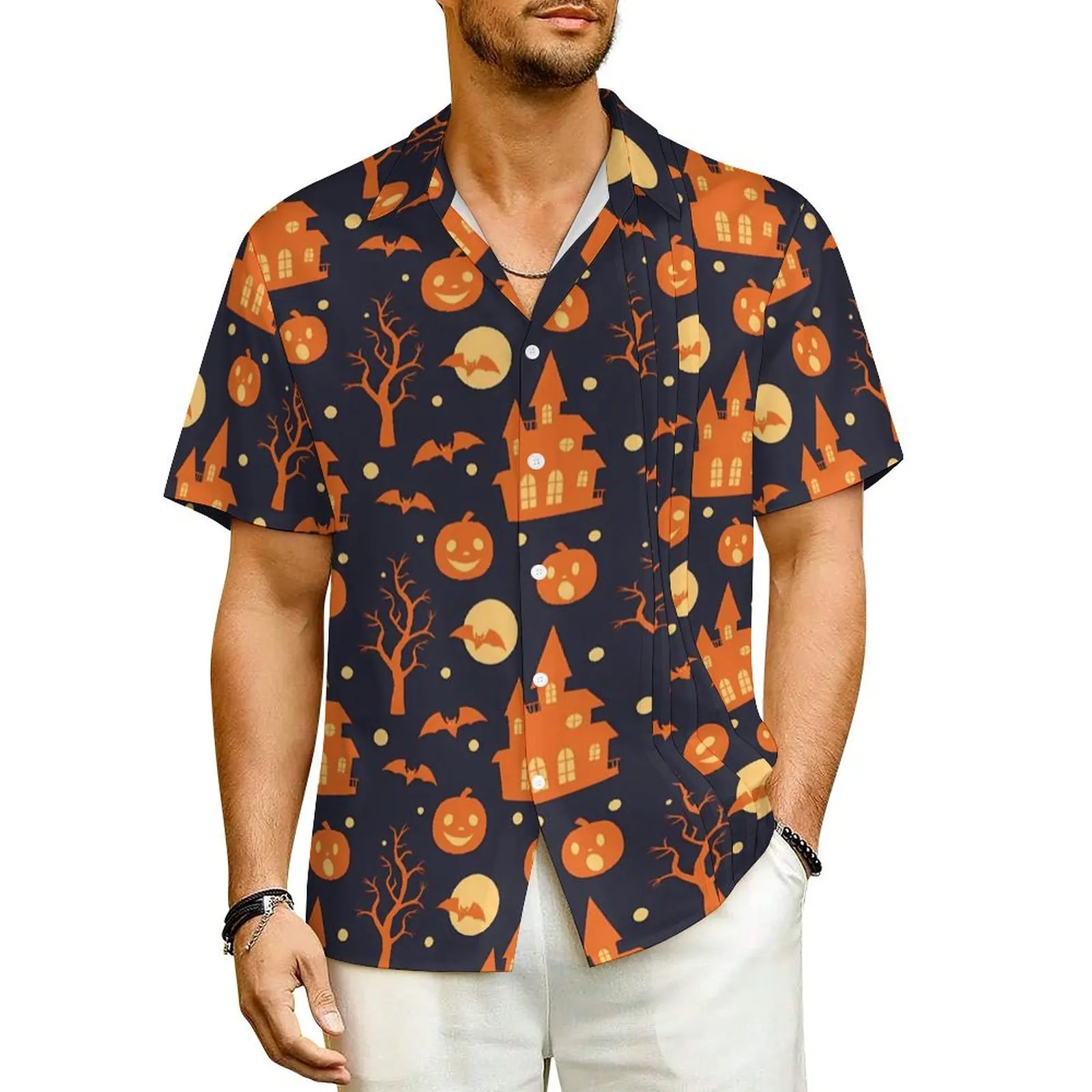 

Spooky Pumpkin Bats Casual Shirt Halloween Festive Novelty Hawaiian Shirts Men Short Sleeve Vacation Stylish Oversized Blouses