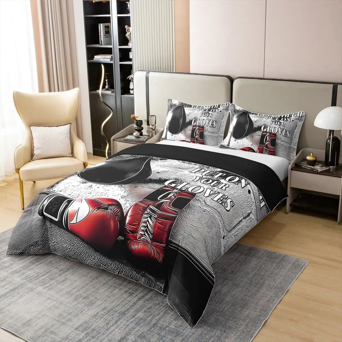 Boxing Bedding Set Double Red Black Boxing Gloves Duvet Cover Set 3pcs Motivational Quotes Sports Quilt Cover for Boys Men 3