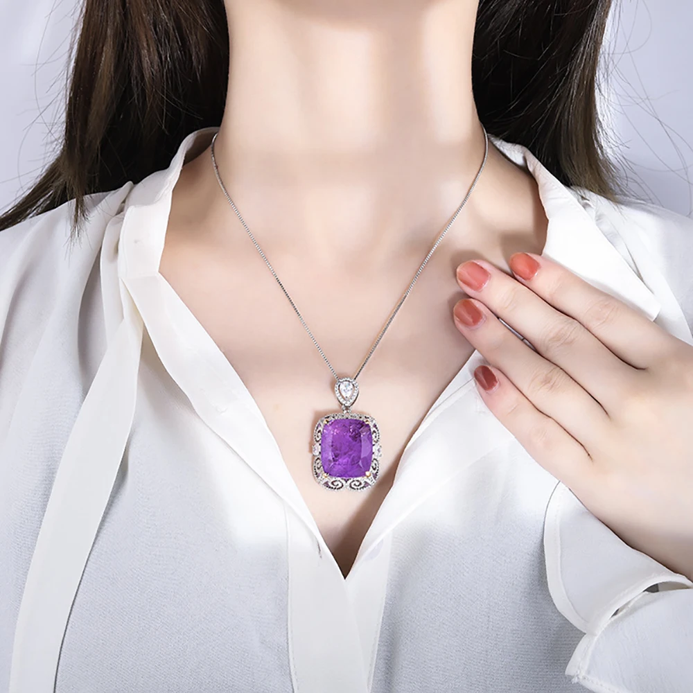 Luxury Vintage 20*23mm Amethyst Pendant Chain Necklace for Women Lab Diamond Cocktail Party Fine Jewelry Accessories Female Gift